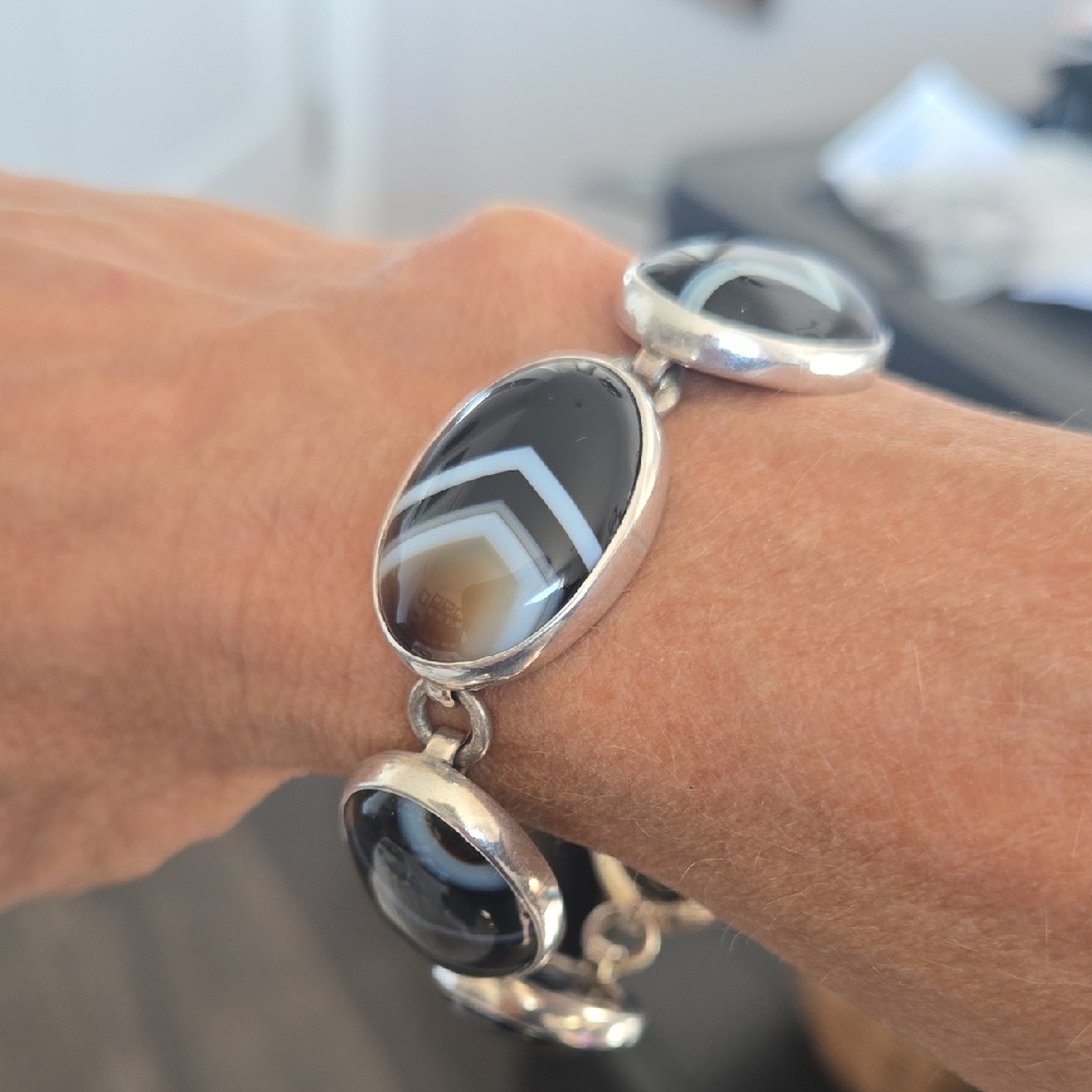 Fine Silver Black Banded Agate Toggle Clasp Bracelet, Charles Albert